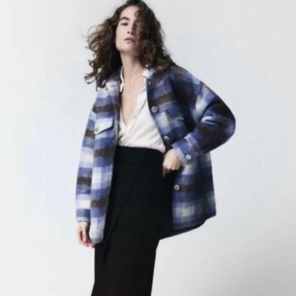 ZARA Wool Button Front Plaid Collared Shacket w/ Pockets Fully Lined US Sz S - Picture 1 of 10